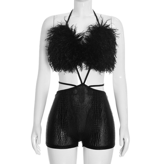 Fur-trimmed Halter Neck Hollow Out Romper