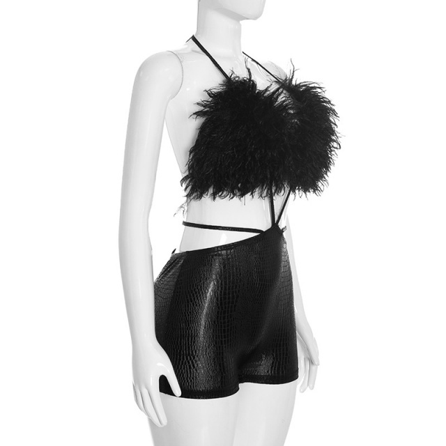 Fur-trimmed Halter Neck Hollow Out Romper