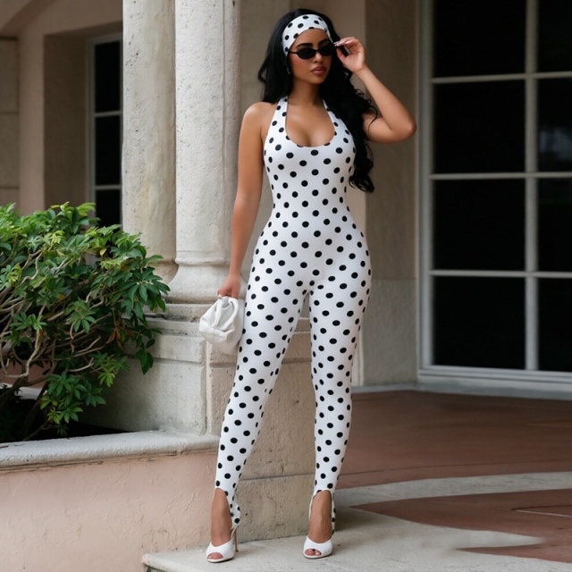 Halter Neck Backless Footed Jumpsuit with Headscarf