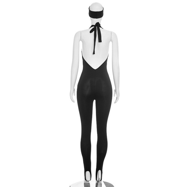 Halter Neck Backless Footed Jumpsuit with Headscarf