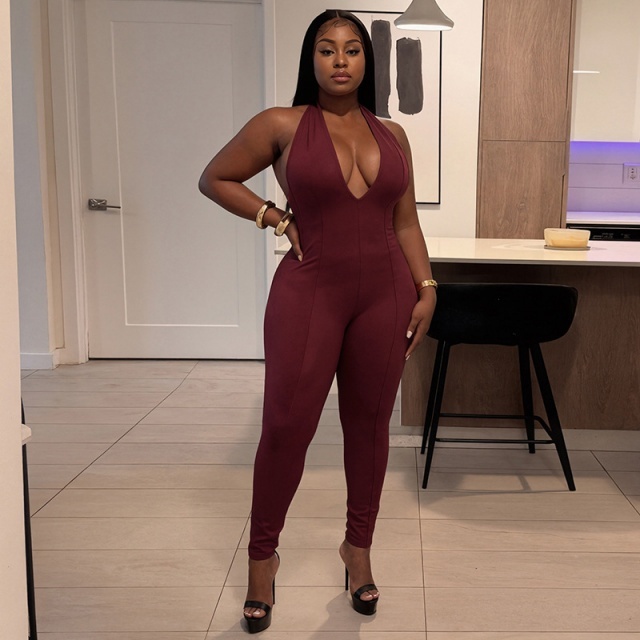 Halter V Neck Backless Skinny Jumpsuit