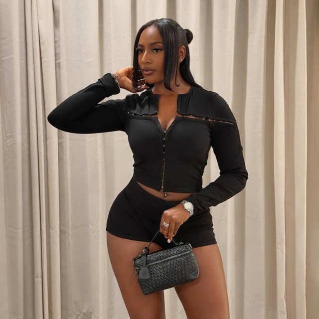 Hook-eye Long-sleeve Cardigan Fitted Shorts Set