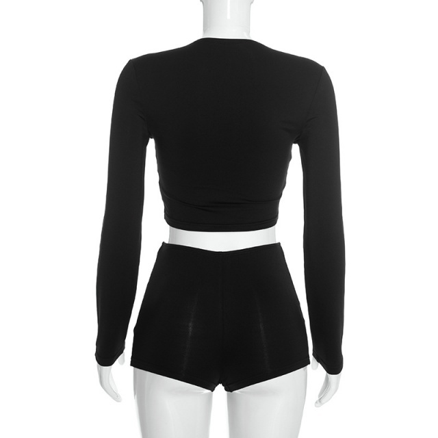 Hook-eye Long-sleeve Cardigan Fitted Shorts Set