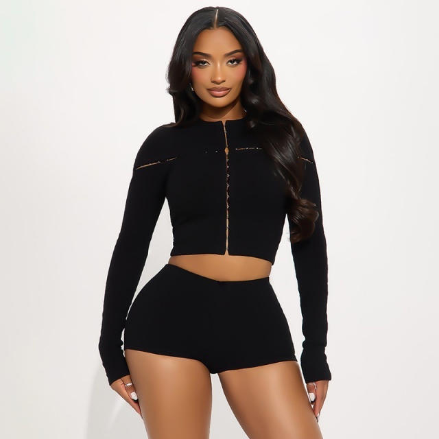 Hook-eye Long-sleeve Cardigan Fitted Shorts Set
