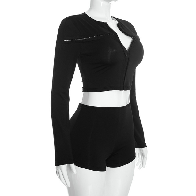 Hook-eye Long-sleeve Cardigan Fitted Shorts Set