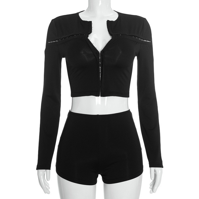 Hook-eye Long-sleeve Cardigan Fitted Shorts Set