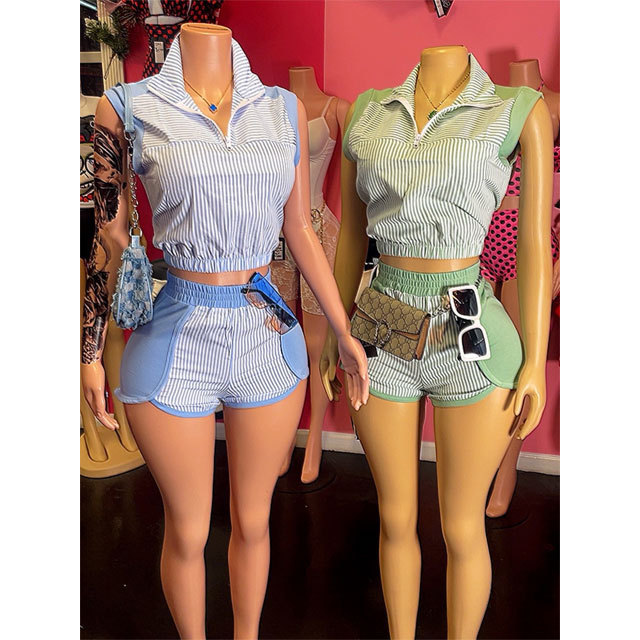 Striped Printed Sleeveless Tank Top Fitted Short Set