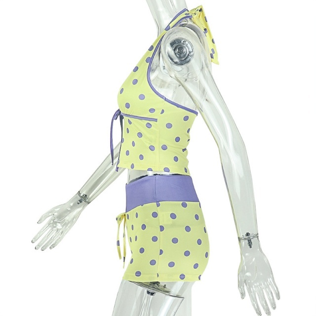 Polka Dots Printed Halter Top Fitted Short Set