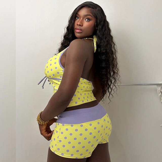 Polka Dots Printed Halter Top Fitted Short Set