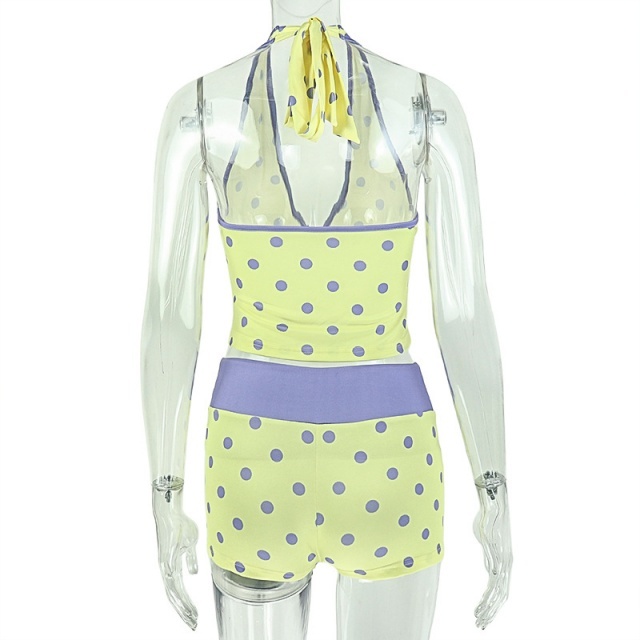 Polka Dots Printed Halter Top Fitted Short Set