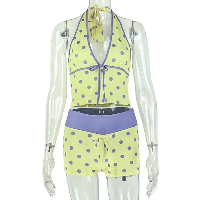 Polka Dots Printed Halter Top Fitted Short Set