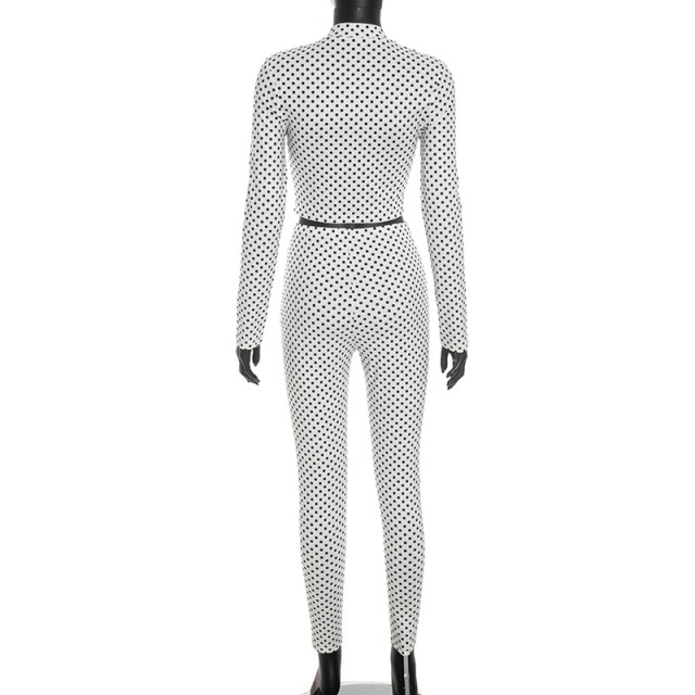 Polka Dots Printed Zipper-up Top Fitted Pant Set