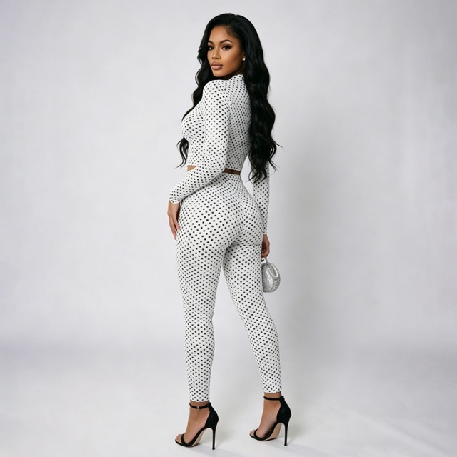 Polka Dots Printed Zipper-up Top Fitted Pant Set