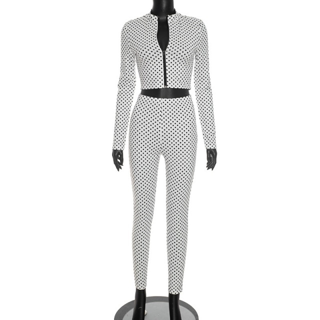 Polka Dots Printed Zipper-up Top Fitted Pant Set