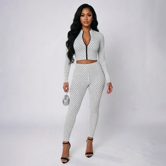 Polka Dots Printed Zipper-up Top Fitted Pant Set