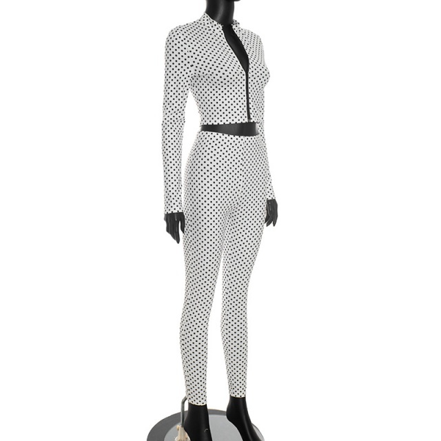 Polka Dots Printed Zipper-up Top Fitted Pant Set