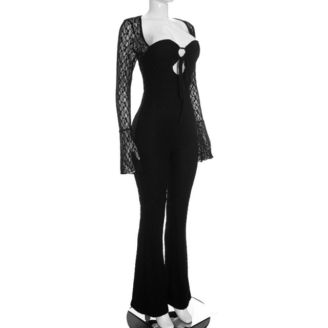 See Through Lace Bell Sleeve Hollow Out Jumpsuit