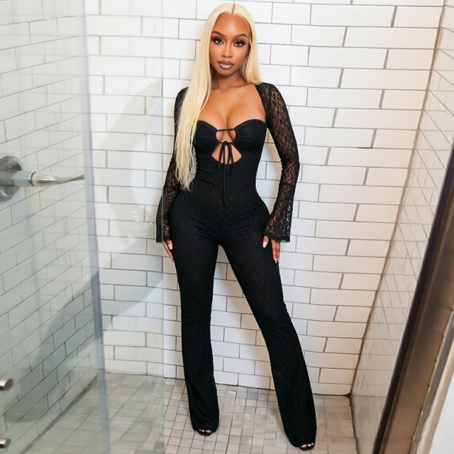 See Through Lace Bell Sleeve Hollow Out Jumpsuit