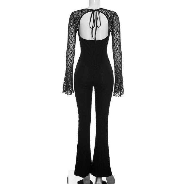 See Through Lace Bell Sleeve Hollow Out Jumpsuit