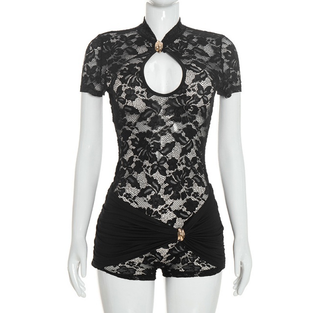 Sheer Lace Hollow Out Tight Romper