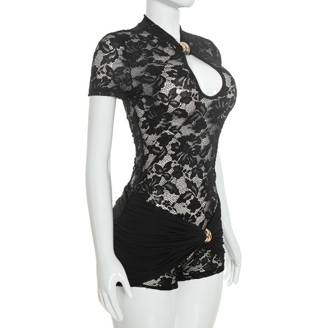 Sheer Lace Hollow Out Tight Romper