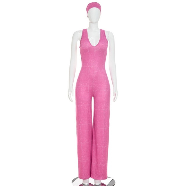 Sleeveless V Neck Wide Legs Jumpsuit with Headband
