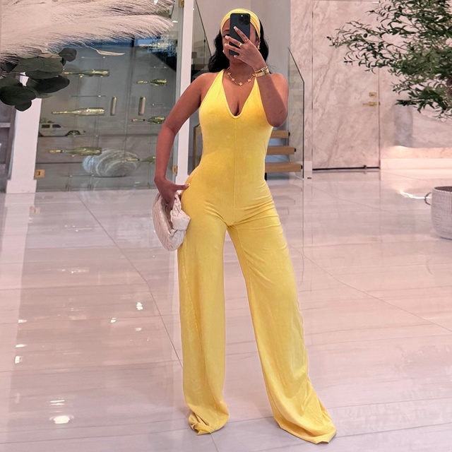 Sleeveless V Neck Wide Legs Jumpsuit with Headband