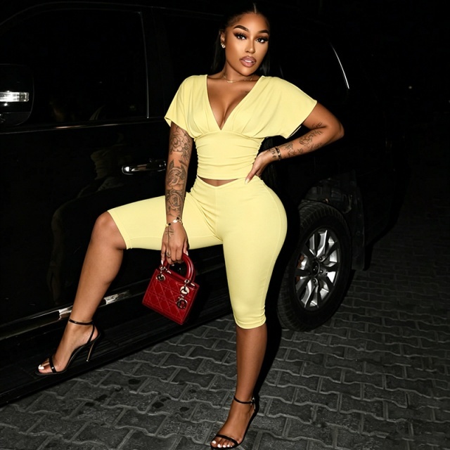 Solid Color V Neck Fitted Top Midi Pant Set