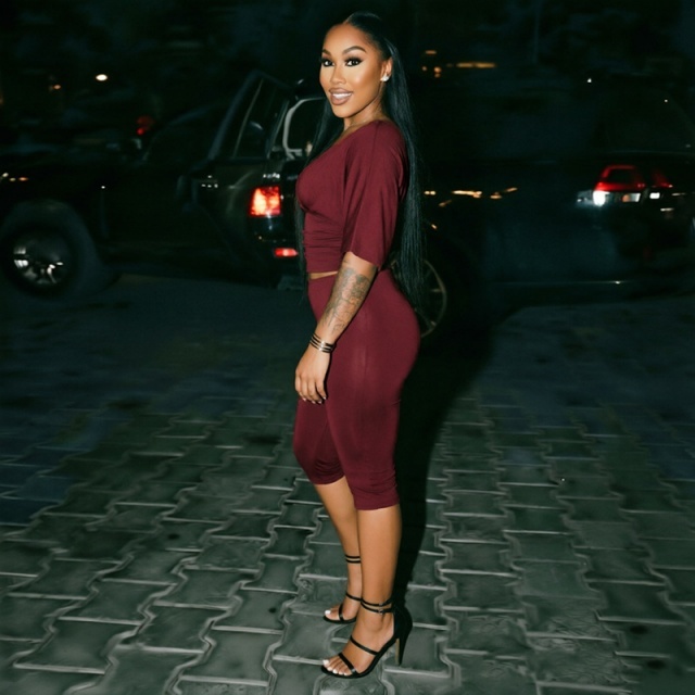 Solid Color V Neck Fitted Top Midi Pant Set