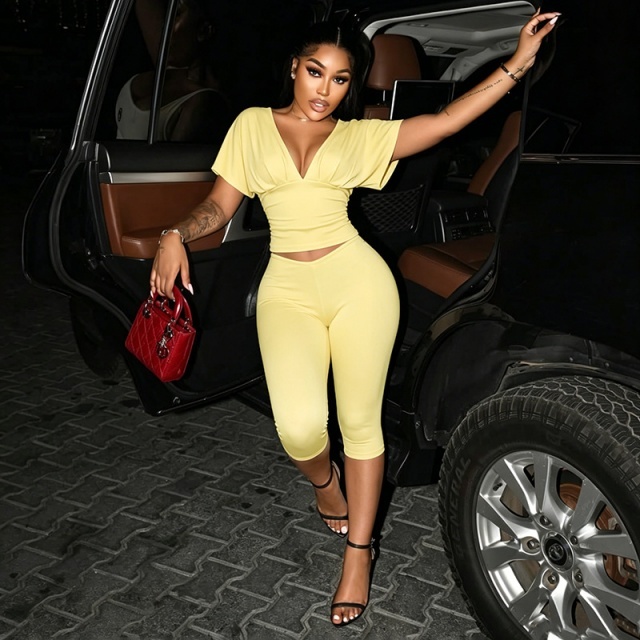 Solid Color V Neck Fitted Top Midi Pant Set