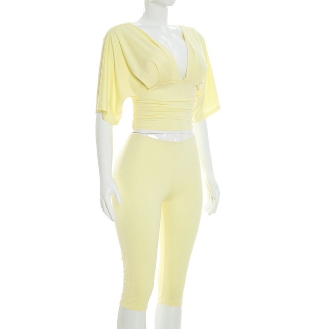 Solid Color V Neck Fitted Top Midi Pant Set