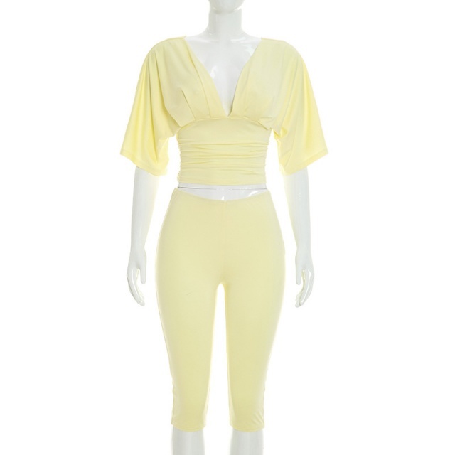 Solid Color V Neck Fitted Top Midi Pant Set