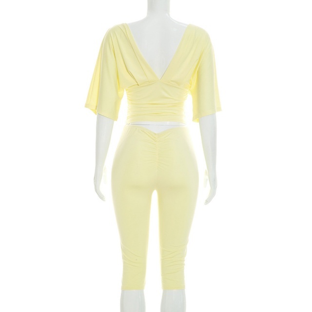 Solid Color V Neck Fitted Top Midi Pant Set