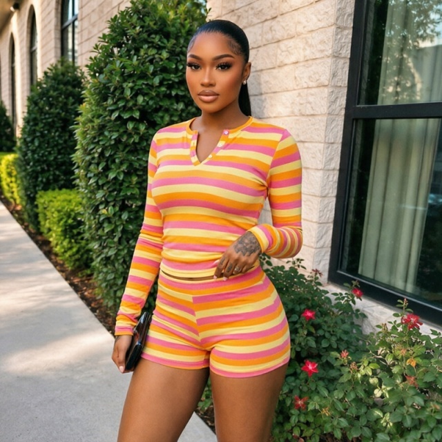 Striped Printed Long Sleeve Top Fitted Short Set