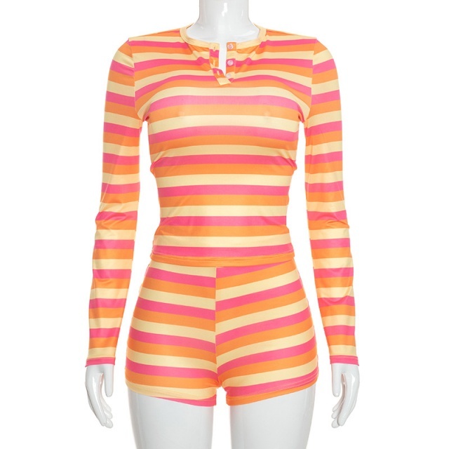 Striped Printed Long Sleeve Top Fitted Short Set