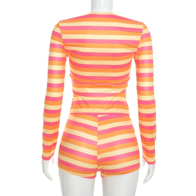 Striped Printed Long Sleeve Top Fitted Short Set