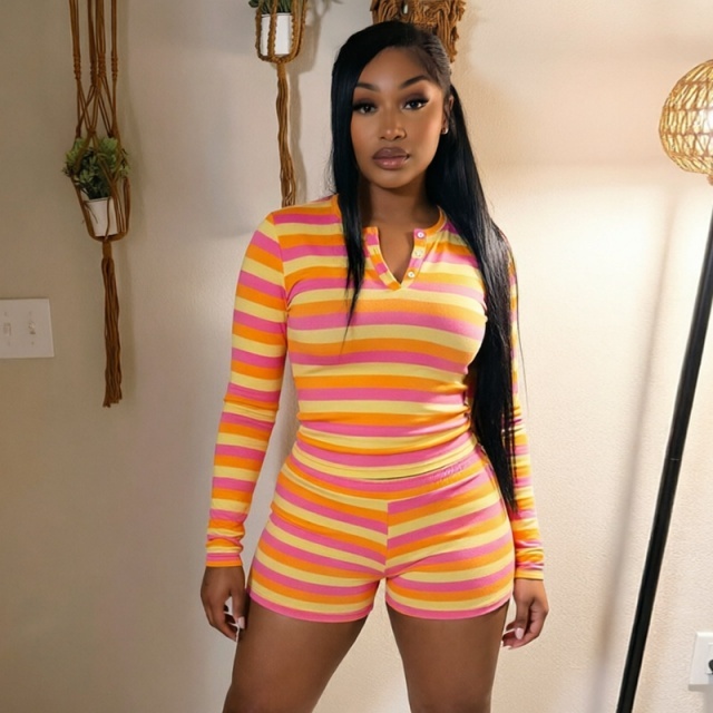 Striped Printed Long Sleeve Top Fitted Short Set