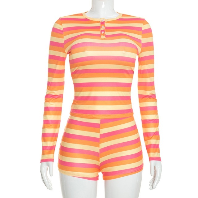 Striped Printed Long Sleeve Top Fitted Short Set