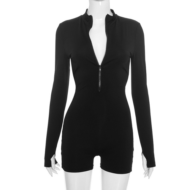 Zipper Up Backless Long Sleeve Fitted Romper