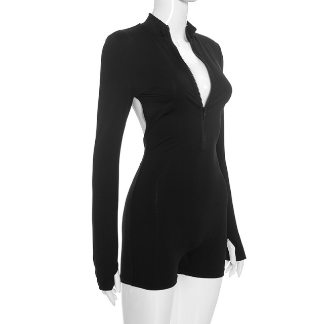 Zipper Up Backless Long Sleeve Fitted Romper