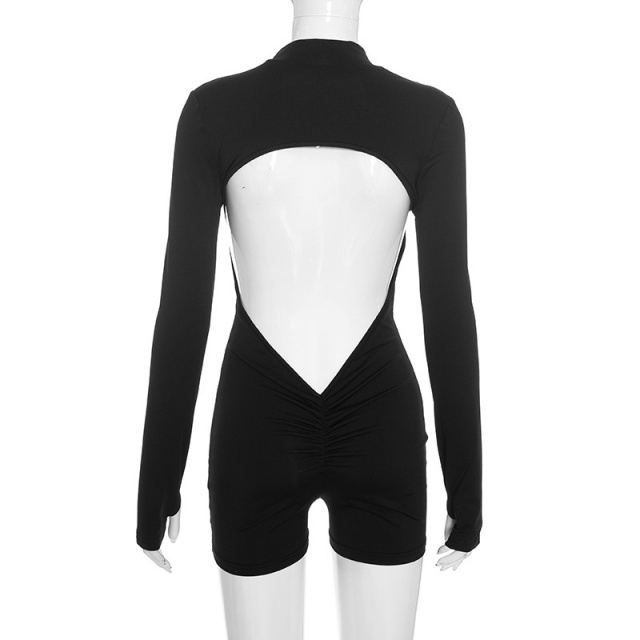 Zipper Up Backless Long Sleeve Fitted Romper