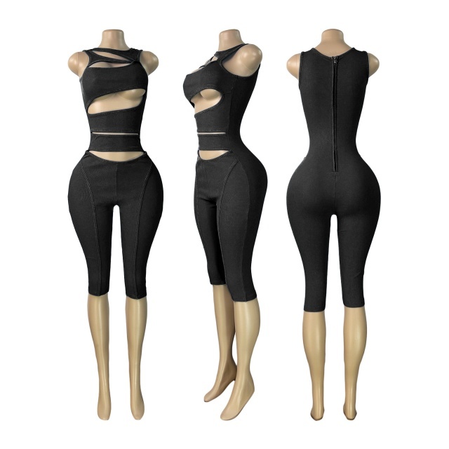 Hollow Out Sleeveless Back Zipper Up Fitted Midi Jumpsuit