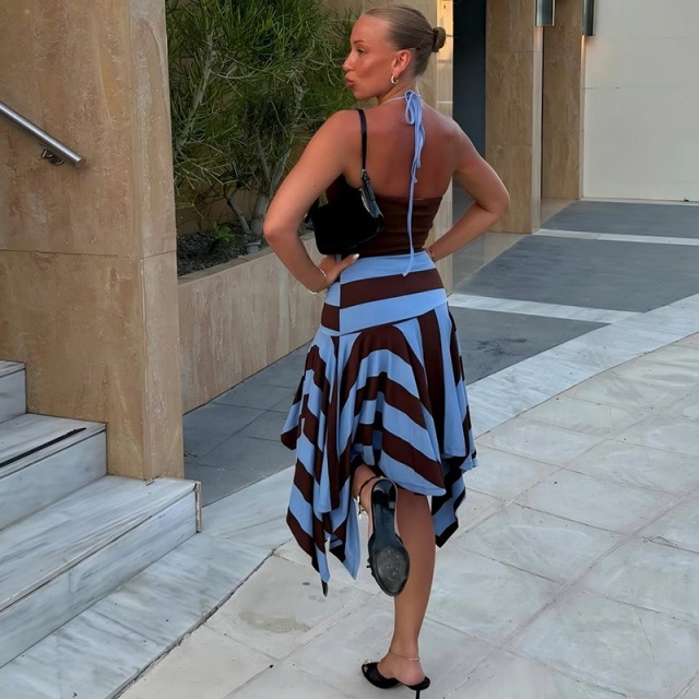 Colorblock Halter Crop Top Striped Skirt Set