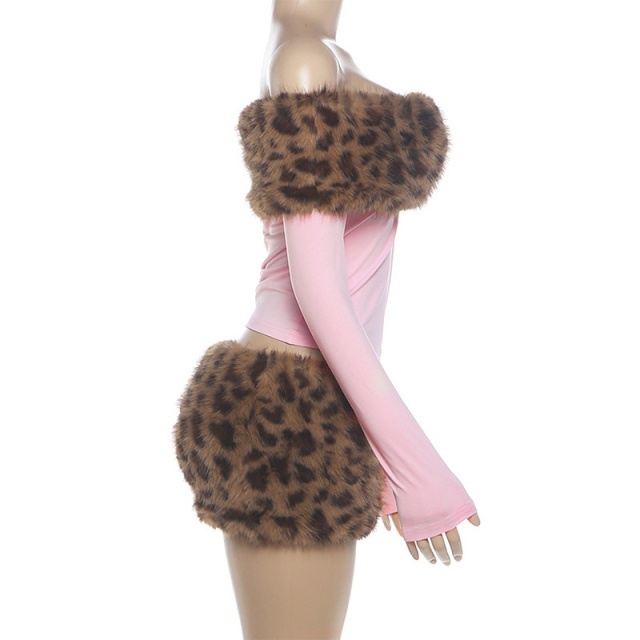 Fur-collar Patchwork Off-shoulder Top Skirt Set