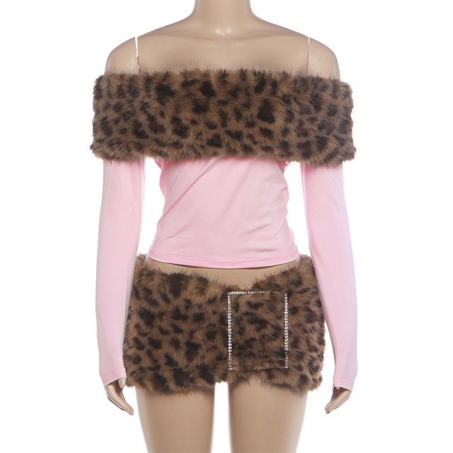 Fur-collar Patchwork Off-shoulder Top Skirt Set