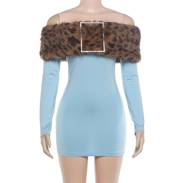 Fur-trimmed Off-shoulder Long-sleeved Bodycon Dress