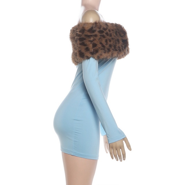 Fur-trimmed Off-shoulder Long-sleeved Bodycon Dress