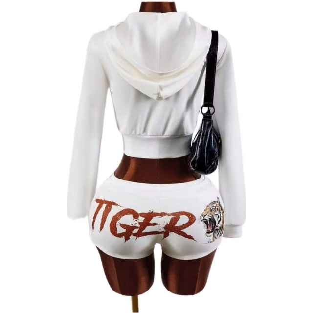 Tiger Pattern Printed Hooded Top Mini Short Set
