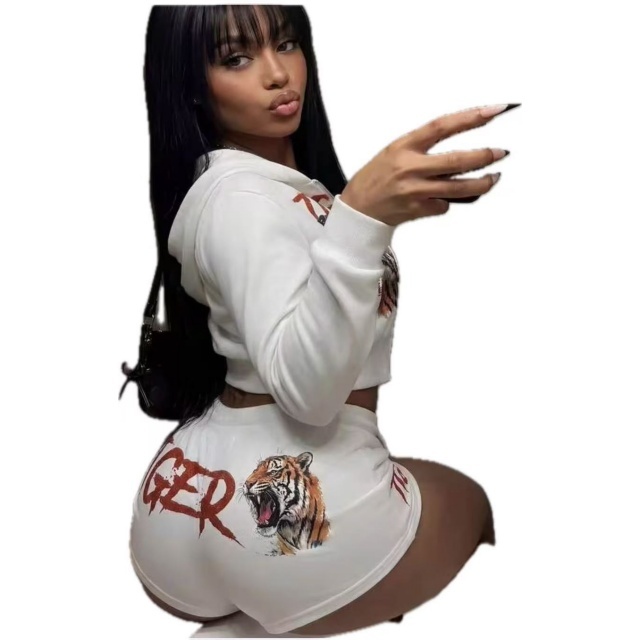 Tiger Pattern Printed Hooded Top Mini Short Set