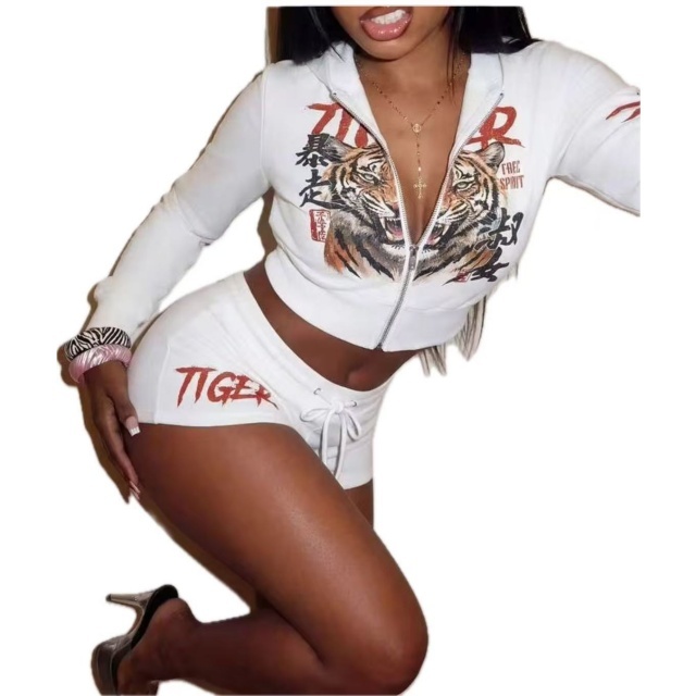 Tiger Pattern Printed Hooded Top Mini Short Set